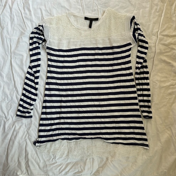BCBGMaxazaria Navy and White Striped Long Sleeve with Lace accent - Picture 2 of 6